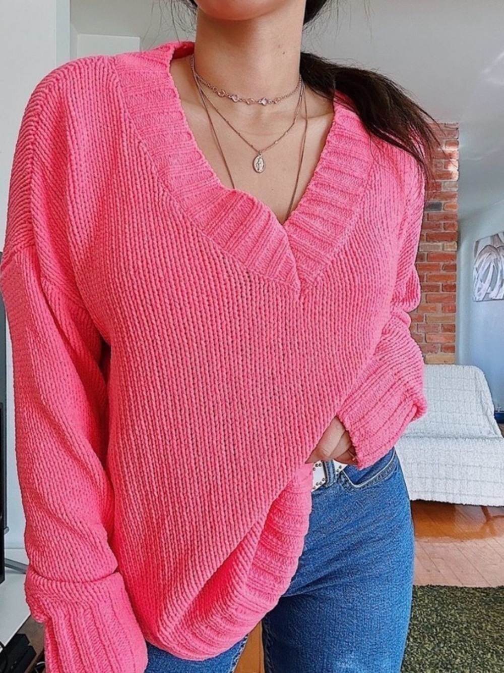 Aerie Super Oversized Neon Pink Deep VNeck Chenille Sweater Womens Size Large